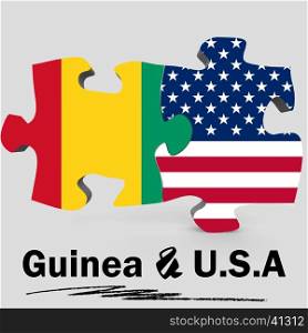 USA and Guinea Flags in puzzle isolated on white background, 3D rendering