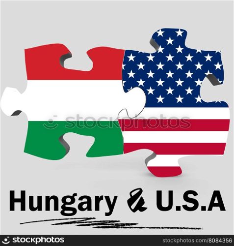 USA and Hungary Flags in puzzle isolated on white background, 3D rendering