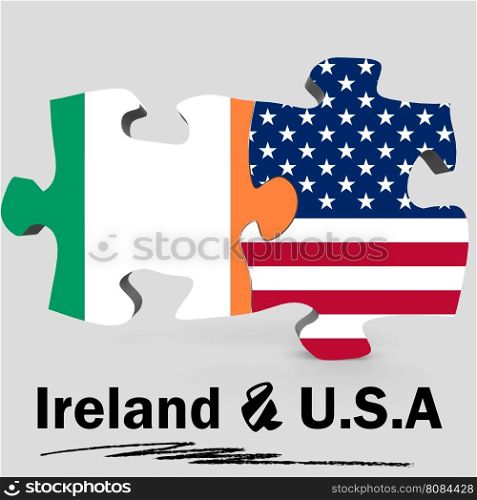 USA and Ireland Flags in puzzle isolated on white background, 3D rendering