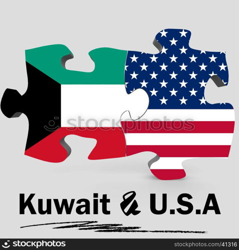 USA and Kuwait Flags in puzzle isolated on white background, 3D rendering