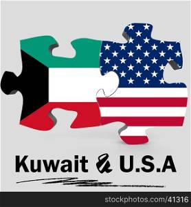 USA and Kuwait Flags in puzzle isolated on white background, 3D rendering