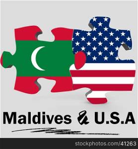 USA and Maldives Flags in puzzle isolated on white background, 3D rendering