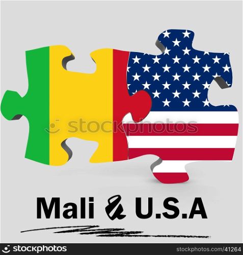 USA and Mali Flags in puzzle isolated on white background, 3D rendering