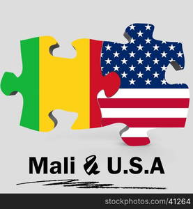 USA and Mali Flags in puzzle isolated on white background, 3D rendering