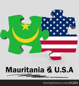 USA and Mauritania Flags in puzzle isolated on white background, 3D rendering