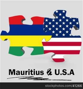 USA and Mauritius Flags in puzzle isolated on white background, 3D rendering