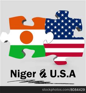 USA and Niger Flags in puzzle isolated on white background, 3D rendering
