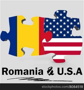 USA and Romania Flags in puzzle isolated on white background, 3D rendering