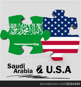 USA and Saudi Arabia Flags in puzzle isolated on white background, 3D rendering