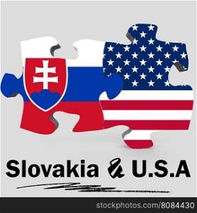 USA and Slovakia Flags in puzzle isolated on white background, 3D rendering