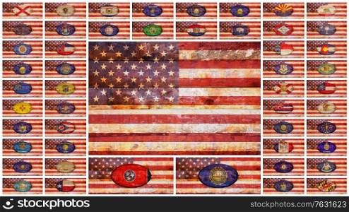 USA and states flags in old wooden.&#xA;