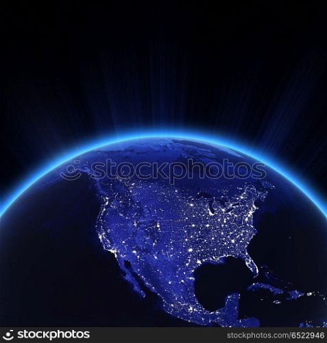 USA city lights at night 3d rendering. USA city lights at night. Elements of this image furnished by NASA 3d rendering. USA city lights at night 3d rendering