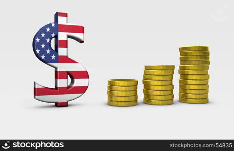 USA economy concept with United States of America flag on dollar icon and golden coins stacks 3D illustration.