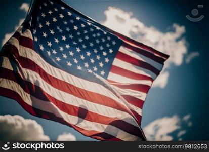 USA flag against blue sky. Illustration Generative AI