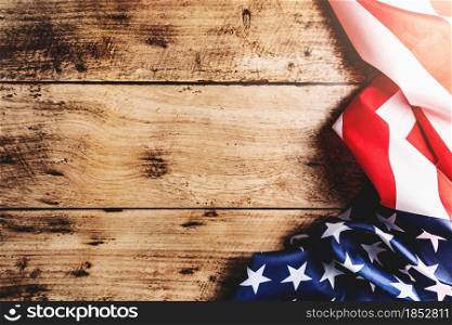 USA flag, America flag on wooden background with copy space