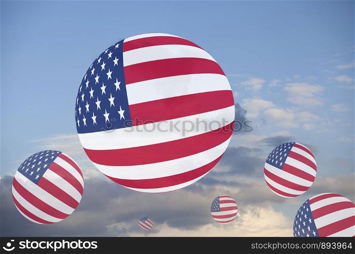 USA Flag Globes on sky with clouds. USA Flag Globes on sky