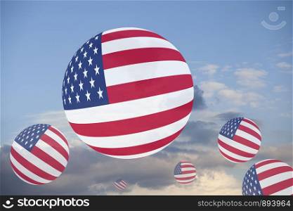 USA Flag Globes on sky with clouds. USA Flag Globes on sky