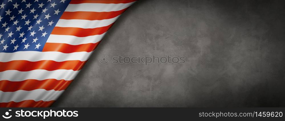 USA flag on concrete wall. Horizontal panoramic banner. 3D illustration. United States flag on concrete wall banner