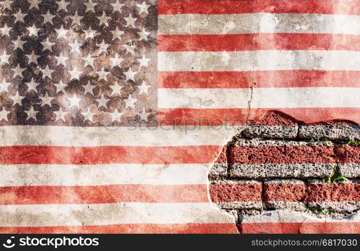 USA flag overlay on old granite brick and cement wall texture for background use