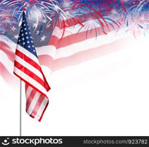 USA flag with fireworks on white background