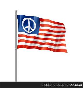 USA flag with peace sign, three dimensional render, isolated on white. United States peace flag isolated on white