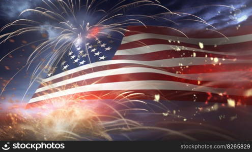 USA Holiday background with flag and fireworks. Illustration Generative AI 