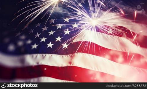 USA Holiday background with flag and fireworks. Illustration Generative AI 