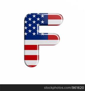 USA letter F - Capital 3d american flag font isolated on white background. This alphabet is perfect for creative illustrations related but not limited to American way of life, politics , economics.