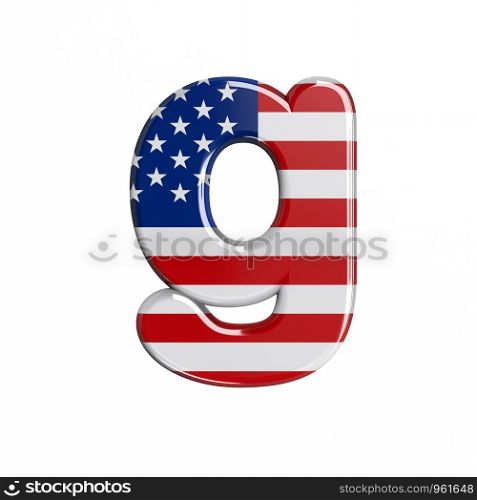 USA letter G - Small 3d american flag font isolated on white background. This alphabet is perfect for creative illustrations related but not limited to American way of life, politics , economics.