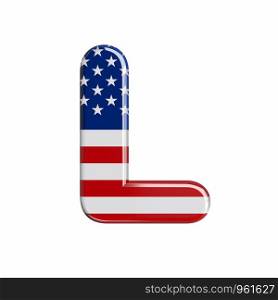 USA letter L - Uppercase 3d american flag font isolated on white background. This alphabet is perfect for creative illustrations related but not limited to American way of life, politics , economics.