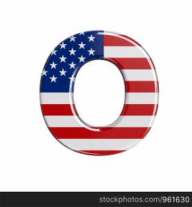 USA letter O - Capital 3d american flag font isolated on white background. This alphabet is perfect for creative illustrations related but not limited to American way of life, politics , economics.