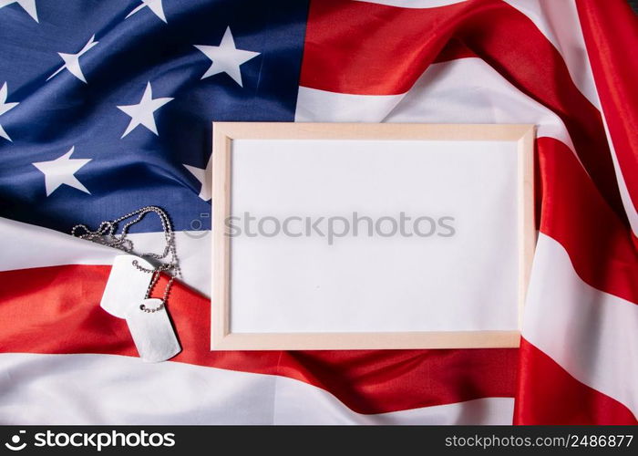 USA Memorial Day concept. Empty frame for text and American flag. Military dog tags.. Memorial Day concept. Empty frame for text and American flag. Military dog tags.