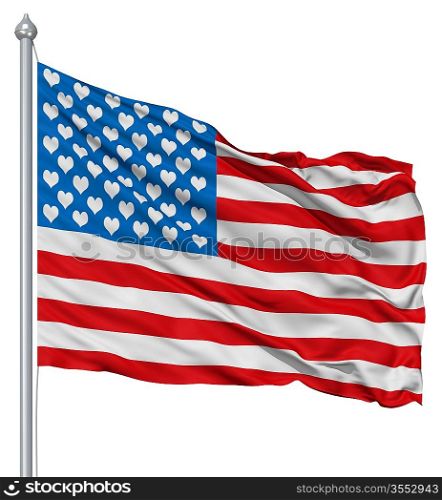 USA national flag waving in the wind with hearts instead of stars