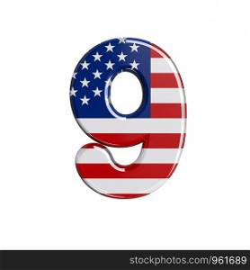 USA number 9 - 3d american flag digit isolated on white background. This alphabet is perfect for creative illustrations related but not limited to American way of life, politics , economics.