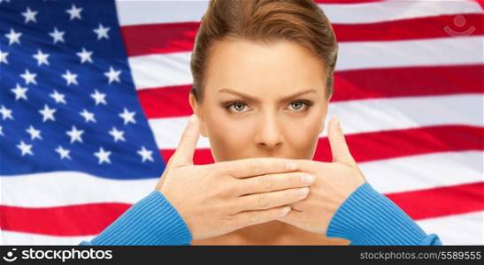 usa politics, conspiracy and secrecy concept - woman with hands over mouth on american flag background