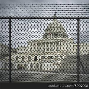 USA shutdown crisis and United States government closed and american federal shut down due to spending bill disagreement between the left and the right with a border fence with 3D illustration elements.