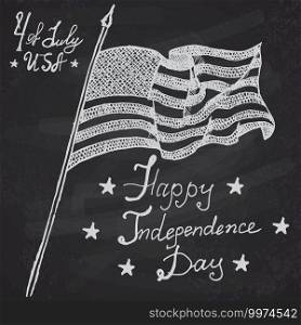 Usa waving flag, American symbol, forth of july, Hand drawn sketch, text happy independence day, vector illustration, on chalkboard background.. Usa waving flag, American symbol, forth of july, Hand drawn sketch, text happy independence day, vector illustration, on chalkboard background