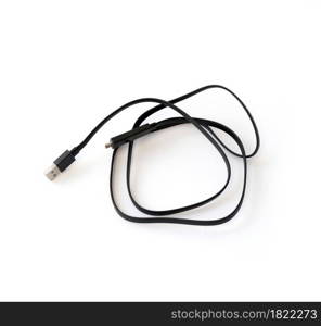 USB cable connector or charging cord isolated on white background. Technology device items, gadgets or products.