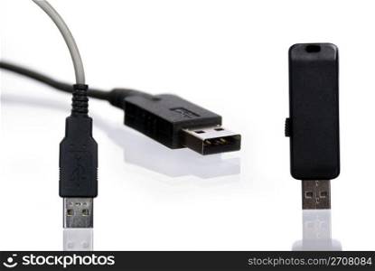 USB flash drive and wire, isolated