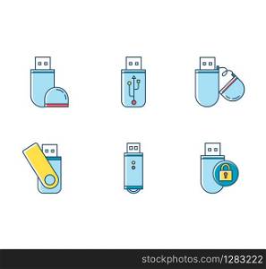 USB flash drive RGB color icons set. Compact data storage device. Memory stick. Thumb drive, key. Transferring information. Small portable electronic gadget. Isolated vector illustrations