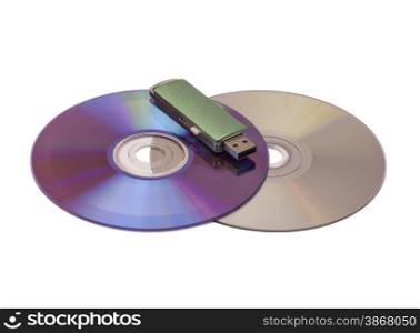 Usb flash memory on disks isolated on white backround