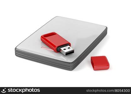 Usb stick and external hard drive on white background