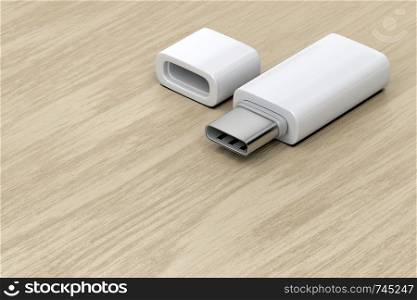 Usb type-c flash drive on wood background