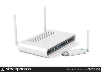 Usb wireless network adapter and router on white background