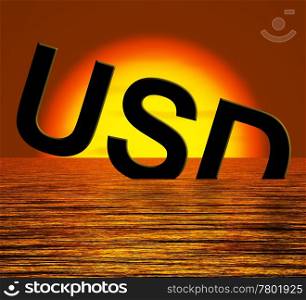 Usd Sinking And Sunset Showing Depression Recession And Economic Downturns. Usd Word Sinking And Sunset Showing Depression Recession And Economic Downturns