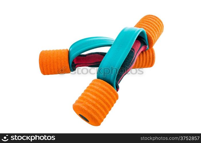 Used colorful dumbbells Dicut on white background.
