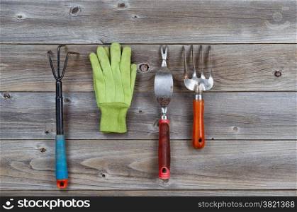 Used garden tools and gloves on Rustic Wooden boards.