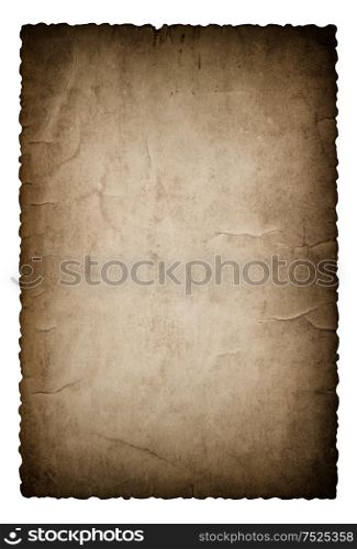 Used paper with edges isolated on white background. Vintage dark torn cardboard
