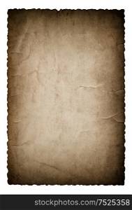 Used paper with edges isolated on white background. Vintage dark torn cardboard