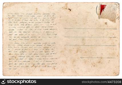 Used postcard. Vintage paper sheet isolated on white background. Sample handwritten text Lorem ipsum